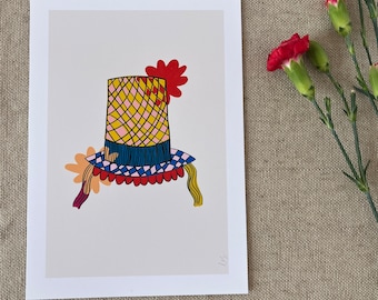Welsh Lady Hat Floral Print: Cymraeg Wall Decor