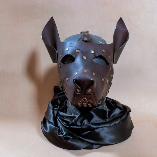 Masque de chien en cuir véritable pour adulte costume pup hood puppy play petplay