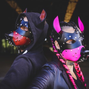 Two-tone neon fluo dog mask costume party fancy dress petplay puppyplay pup hood in genuine vegetable tanned leather