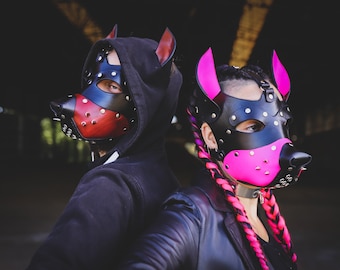 Máscara de perro neón bicolor, disfraz para fiesta, capucha de cachorro para juegos de rol, cuero genuino curtido vegetal.