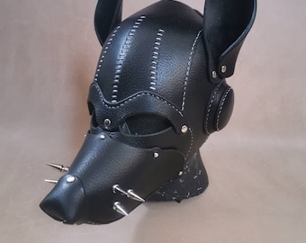 Genuine leather dog mask with removable nose, pup hood, puppy play petplay