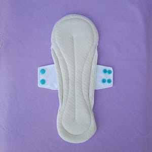Puede incluir: Una compresa menstrual de tela reutilizable, de color crema, con forma contorneada. Presenta una superficie suave y acolchada y alas blancas con cierres de presión turquesa. Diseñada para la comodidad y la absorción.
