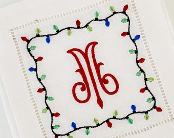 Holiday lights monogrammed linen cocktail napkins/Christmas cocktail coasters/barware/bar napkins