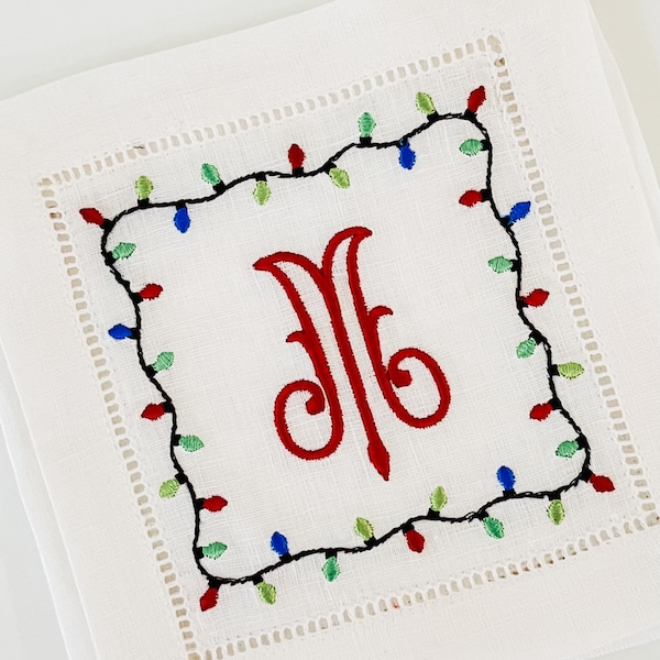 Holiday lights monogrammed linen cocktail napkins/Christmas cocktail coasters/barware/bar napkins