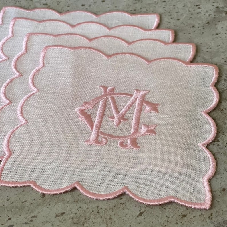 Scalloped Linen Cocktail Napkin/monogramed Linen Cocktail Etsy