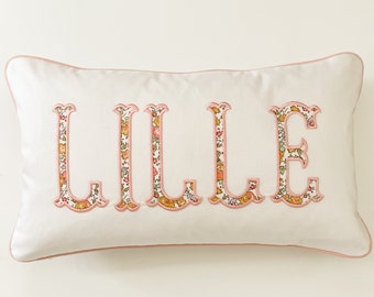 Liberty of London name appliqué monogrammed pillow cover/custom embroidered pillow cover