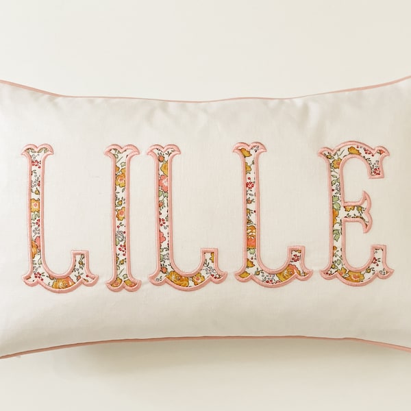 Liberty of London name appliqué monogrammed pillow cover/custom embroidered pillow cover