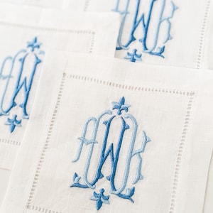 Monogrammed linen hemstitched cocktail napkins/barware/ bar napkins