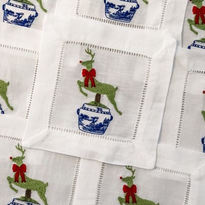 Monogrammed linen cocktail napkins/chinoiserie Christmas reindeer cocktail napkin/barware/bar napkins