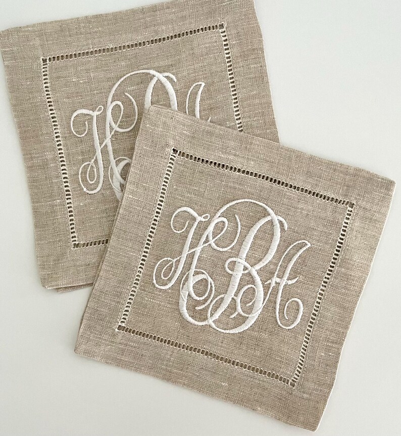 Monogrammed Linen Hemstitched Cocktail Napkins - Thumbnail 3