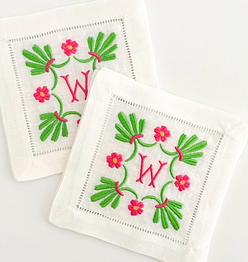 Monogrammed Linen Hemstitched Cocktail Napkins - Thumbnail 2