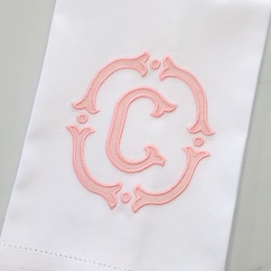 Monogrammed appliqué hemstitched guest towel/personalized linen tea towel