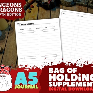 Peut inclure: Une page de journal A5 imprimable pour Dungeons & Dragons 5e édition. La page est intitulée "Sac de conservation" et comporte des colonnes pour les pièces de platine, d'or, d'électrum, d'argent et de cuivre. Il y a également une section pour lister les articles avec une colonne de quantité et de notes.