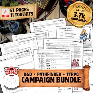 Könnte beinhalten: Ein digitales D&D-, Pathfinder- und TTRPG-Kampagnenpaket mit 57 Seiten und 11 Toolkits. Die Sammlung enthält verschiedene druckbare Planungsbögen, Charaktervorlagen, Monster-Ersteller und Story-Arc-Organisatoren mit illustrierten Symbolen.