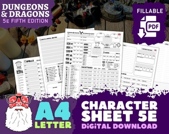 Dnd 5e Character Sheet with Campaign Notes for Dungeons & Dragons Fifth Edition – Fillable PDF Digital Download
