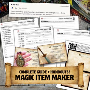 May include: A collection of printed Magic Item Maker worksheets and cards for tabletop roleplaying games. The documents feature sections for crafting, stat blocks, and item lore, alongside a card depicting The Singing Sword and a Scarab of Undead.