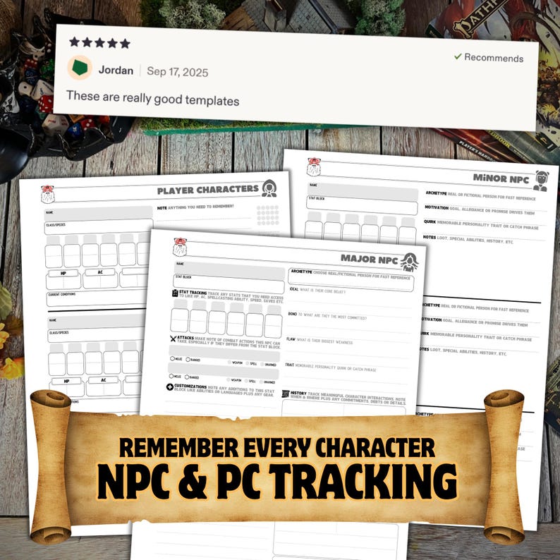 May include: Three white paper character tracking sheets for tabletop role-playing games. The sheets are labeled Player Characters, Major NPC, and Minor NPC with fields for stats, traits, and history. A scroll graphic overlays the bottom with the text REMEMBER EVERY CHARACTER NPC & PC TRACKING.