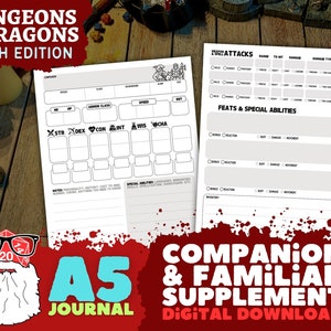 Dnd 5e Companions & Familiars Supplement to Character Journal for Dungeons and Dragons Fifth Edition – A5 Journal - PDF Digital Download