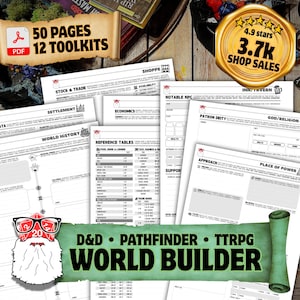 Può includere: Una raccolta di kit di strumenti per la creazione di mondi per giochi di ruolo da tavolo con 50 pagine di moduli stampabili. I documenti includono sezioni per commercio, insediamenti, storia del mondo, tabelle di riferimento e divinità.