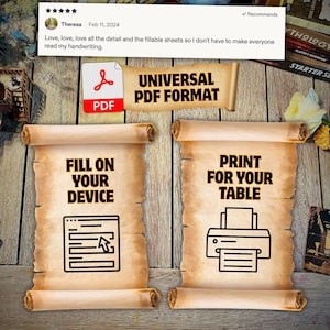 May include: Two tan parchment scrolls with black text and icons. The left scroll features the text FILL ON YOUR DEVICE with a computer screen icon. The right scroll features the text PRINT FOR YOUR TABLE with a printer icon. Above is a PDF logo.