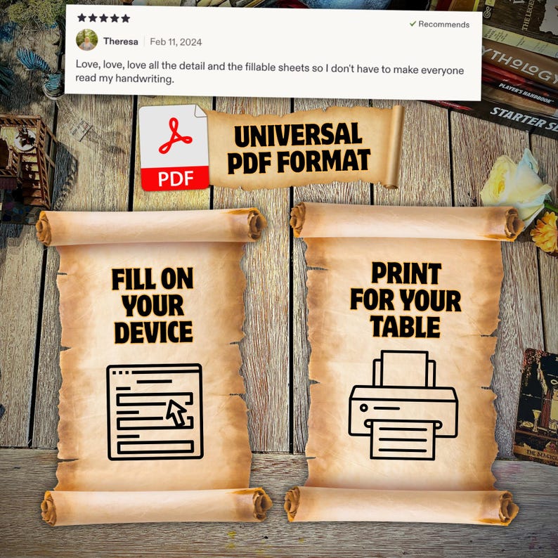 May include: Two tan parchment scrolls with black text and icons. The left scroll features the text FILL ON YOUR DEVICE with a computer screen icon. The right scroll features the text PRINT FOR YOUR TABLE with a printer icon. Above is a PDF logo.