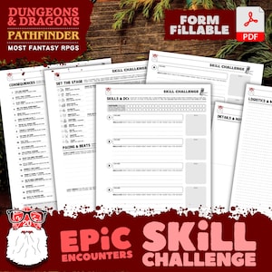 Puede incluir: Un conjunto de hojas PDF imprimibles para los juegos de rol Dungeons & Dragons y Pathfinder. Las hojas incluyen secciones para desafíos de habilidades, consecuencias y la preparación del escenario. El título "Epic Skill Encounters Challenge" se muestra en rojo.