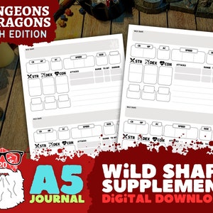 Dnd 5e Wild Shape Supplement to Character Journal for Dungeons & Dragons Fifth Edition – Print and Fold A5 Journal - PDF Digital Download