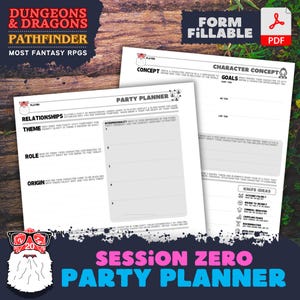 Op de afbeelding: Een printbare feestplanner voor Dungeons and Dragons of Pathfinder rollenspellen. De planner bevat secties voor karakterconcept, relaties, rol en oorsprong. Het document is gelabeld "Session Zero Party Planner" en is invulbaar.