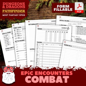 Puede incluir: Un conjunto de hojas PDF blancas, rellenables, para Dungeons & Dragons Pathfinder, con secciones para combate, mapas de campo de batalla y seguimiento. Las hojas incluyen texto como "Epic Encounters Combat" y "Form Fillable PDF".