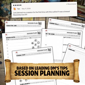 May include: A collection of white paper session planning sheets for tabletop roleplaying games, featuring sections titled Character Lore, Random Rolls, Session Notes, Set the Scene, Strong Start, Scene Map, and Clues & Secrets with a scroll graphic.