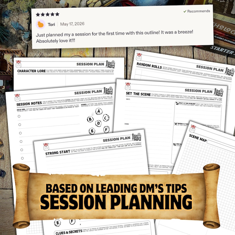 May include: A collection of white paper session planning sheets for tabletop roleplaying games, featuring sections titled Character Lore, Random Rolls, Session Notes, Set the Scene, Strong Start, Scene Map, and Clues & Secrets with a scroll graphic.