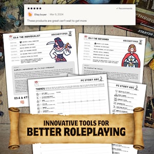 May include: A collection of printed roleplaying game character sheets featuring archetypes like The Individualist and The Reformer, alongside PC story arc tracking forms. The documents include character illustrations, text descriptions, and grid charts for narrative progression, all presented on a wooden surface.