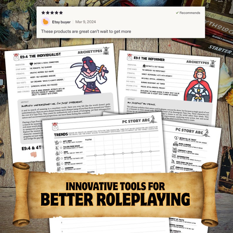 May include: A collection of printed roleplaying game character sheets featuring archetypes like The Individualist and The Reformer, alongside PC story arc tracking forms. The documents include character illustrations, text descriptions, and grid charts for narrative progression, all presented on a wooden surface.