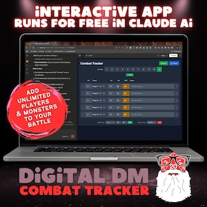 Pode incluir: Um ecrã de laptop mostra uma interface "Combat Tracker" para um jogo digital, exibindo estatísticas de jogadores e um rastreador de rodadas. O texto na tela diz "ADD UNLIMITED PLAYERS & MONSTERS TO YOUR BATTLE." A parte inferior da tela diz "DIGITAL DM COMBAT TRACKER."