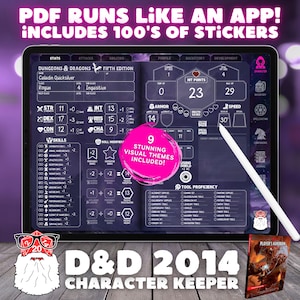 May include: A digital character sheet for Dungeons & Dragons 5th Edition, displayed on a tablet. The sheet is designed to look like a physical character sheet, with sections for stats, abilities, skills, and more. The sheet is titled "D&D 2014 Character Keeper" and features a pink and white graphic that says "9 Stunning Visual Themes Included!"