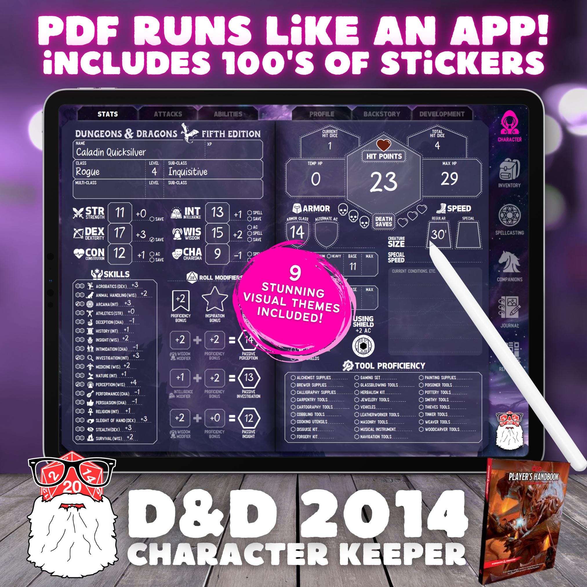 DnD 5e 2014 Digital Character Keeper (Dark Themes) | Smart PDF works like an App | 100's of Stickers Included