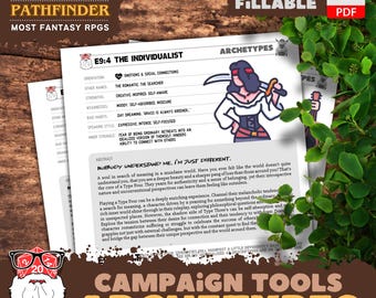 Könnte beinhalten: Ein PDF-Formular für Dungeons & Dragons Pathfinder mit dem Archetyp Individualist. Das Dokument enthält Abschnitte zu Orientierung, Stärken, Schwächen und Sprechstil. Eine Cartoon-Illustration eines Charakters mit einem Schwert ist vorhanden. Der Text "Campaign Tools Archetypes" befindet sich unten.