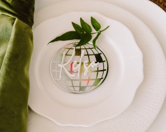 Engraved Disco Ball Wedding Place Cards, Custom Seating