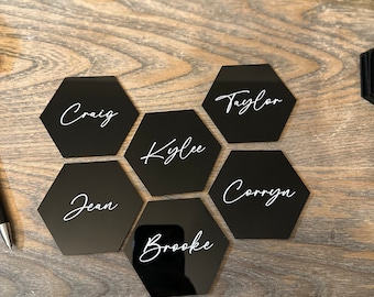 Engraved Wedding Place Cards Name placecards Hexagon Placecards Birthday Party Name Tags Wedding Seating Chart Escort Cards Tables