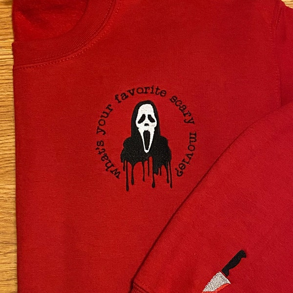 What’s Your Favorite Scary Movie? — Glow in the Dark Ghostface Sweatshirt — scary movie sweatshirt, scream sweatshirt, Halloween sweatshirt