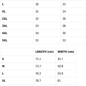May include: Size guide for clothing with measurements in inches and centimeters. The table shows the length and width of different sizes, from S to 5XL.