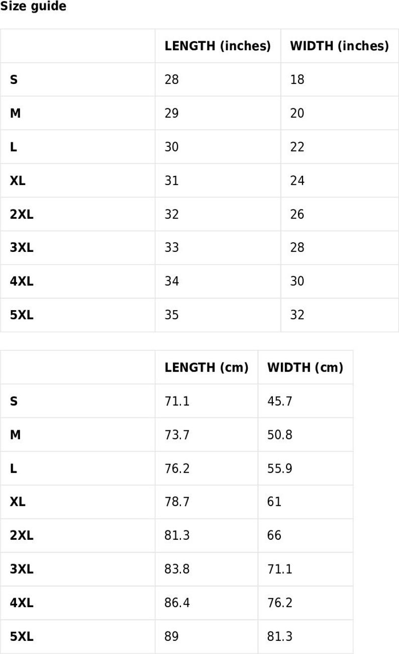 May include: Size guide for clothing with measurements in inches and centimeters. The table shows the length and width of different sizes, from S to 5XL.