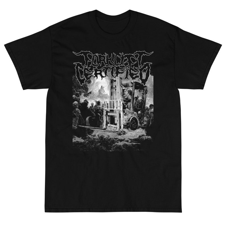 May include: Black t-shirt with a white graphic print of a forklift carrying a group of people. The text "FORLORN" and "MARTYRED" is printed above the image.