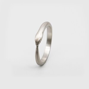 May include: A silver-coloured ring featuring a continuous band design that tapers into a smooth, rounded head resembling a snake. The metal surface has a matte, brushed finish, creating a subtle texture across the entire circular band structure.