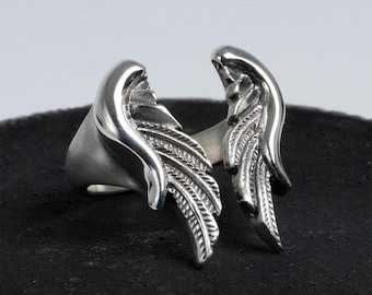 Sterling Silver Wing Ring – Detailed Feather Open Design, Handmade by DUDAL