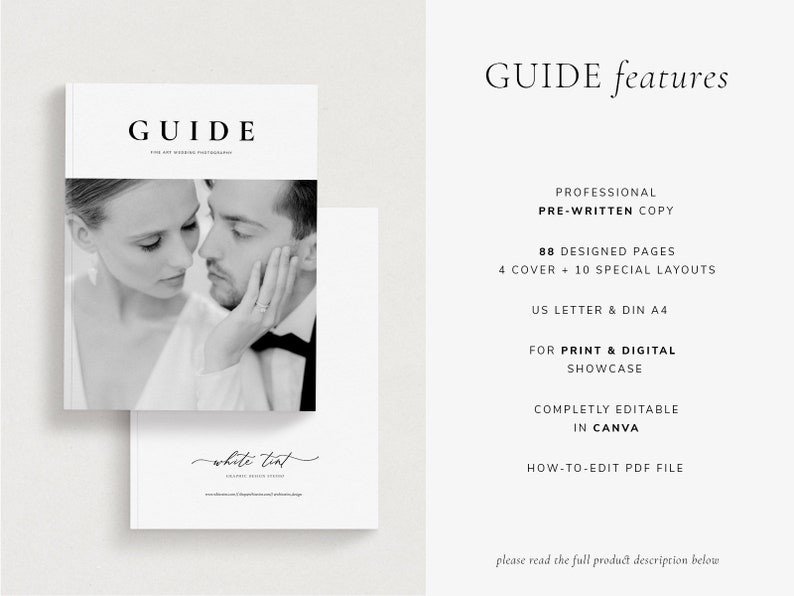 modern minimal Welcome Client Wedding Guide Magazine CANVA Template for Wedding Photographers by White Tint Design