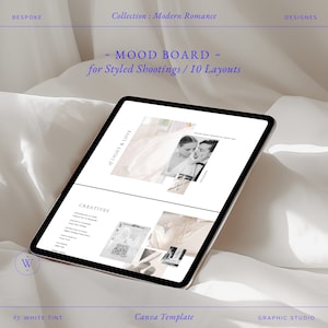 Plantilla de tablero de estado de ánimo de Canva para fotógrafos de bodas, tablero de visión de concepto moderno para planificadores de bodas, hoja de disparo con estilo fotográfico