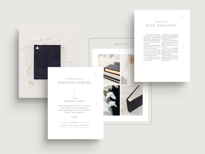 modern elegant wedding photography pricing services guide template for wedding photographers editable in Canva white tint design