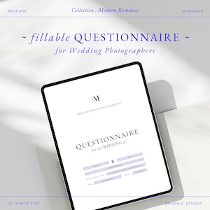 Könnte beinhalten: Ein digitales Tablet zeigt einen Fragebogen für Hochzeitsfotografen. Der Text lautet "ausfüllbarer FRAGEBOGEN für Hochzeitsfotografen". Das Design ist minimalistisch mit weißem Hintergrund und blauen Akzenten.