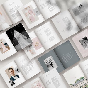 88-page client welcome guide for wedding photography featuring pre-written copy, professional editorial layouts, and customizable Canva pages. designed by whitetint design